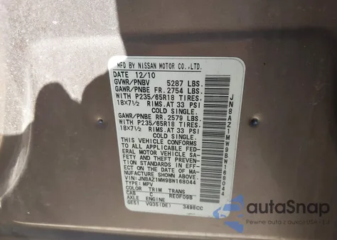 2011 Nissan Murano Sl z USA, uszkodzony, nr VIN JN8AZ1MW9BW168044